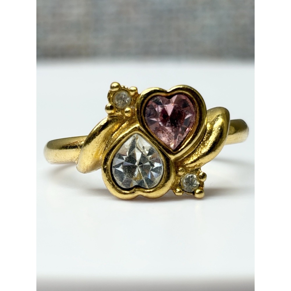 Vintage 1994 Avon Two Hearts Ring Double Blue Pink Clear Crystal Stones Sz 9.75
